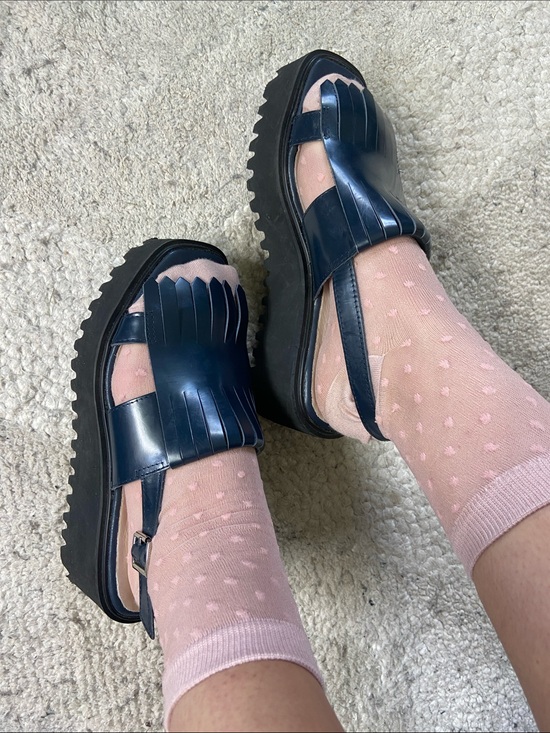 All Black Shoes - All Black Kiltie Navy Fringe Platform Chunky Sandals
